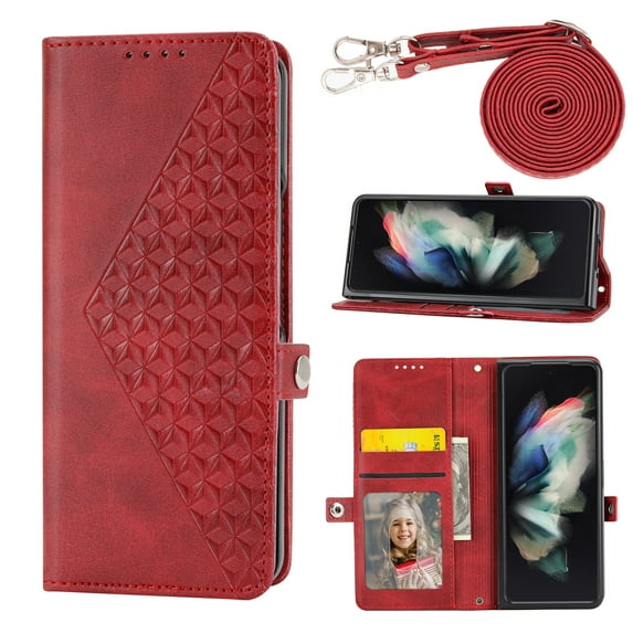 Premium Wallet Case for Samsung Galaxy Z Fold 3 5G (2021), Allytech Flip Foldable Stand Card Slots Crossbody Case with Detachable Shoulder Strap for Samsung Z Fold3/Galaxy Z Fold 3 7.6", Red