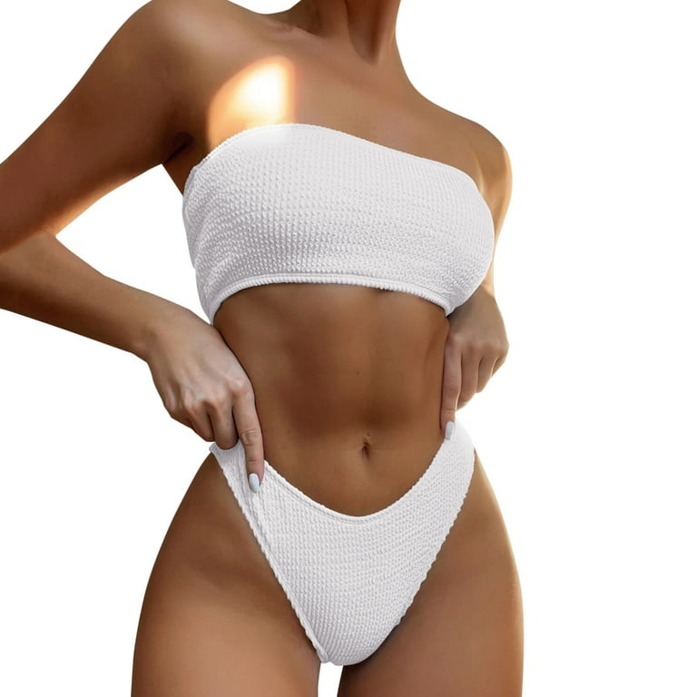 Sehao Women Flat-chested Bikini Set Push-Up Brazilian Swimwear Beachwear  Swimsuit Swimwears Tankinis Set White Polyester L