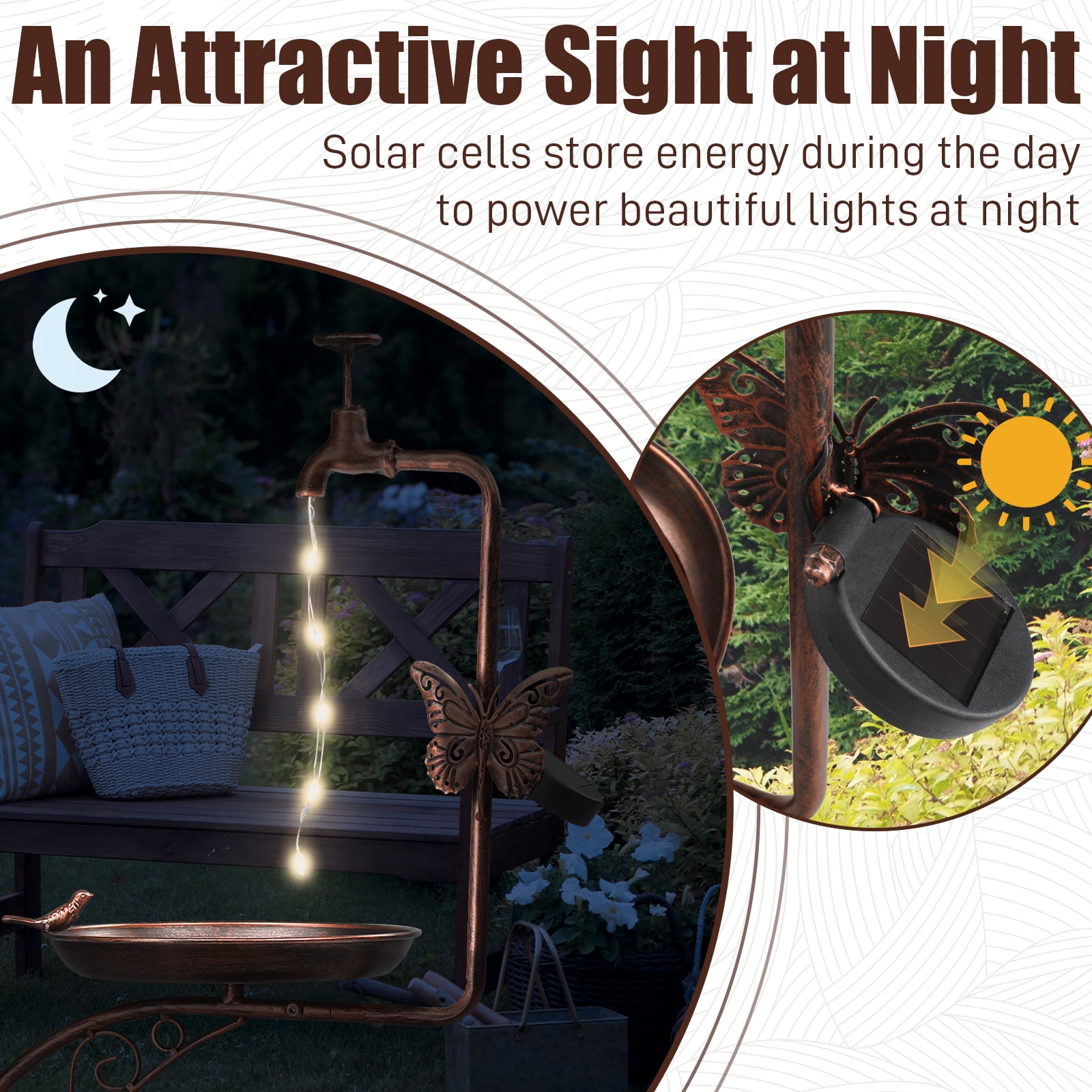 Ktaxon 36 Inch Height Garden Bird Bath for Outdoors, with Solar Lamp and Flower Planter Pedestal Standing Bird Feeder, Bronze
