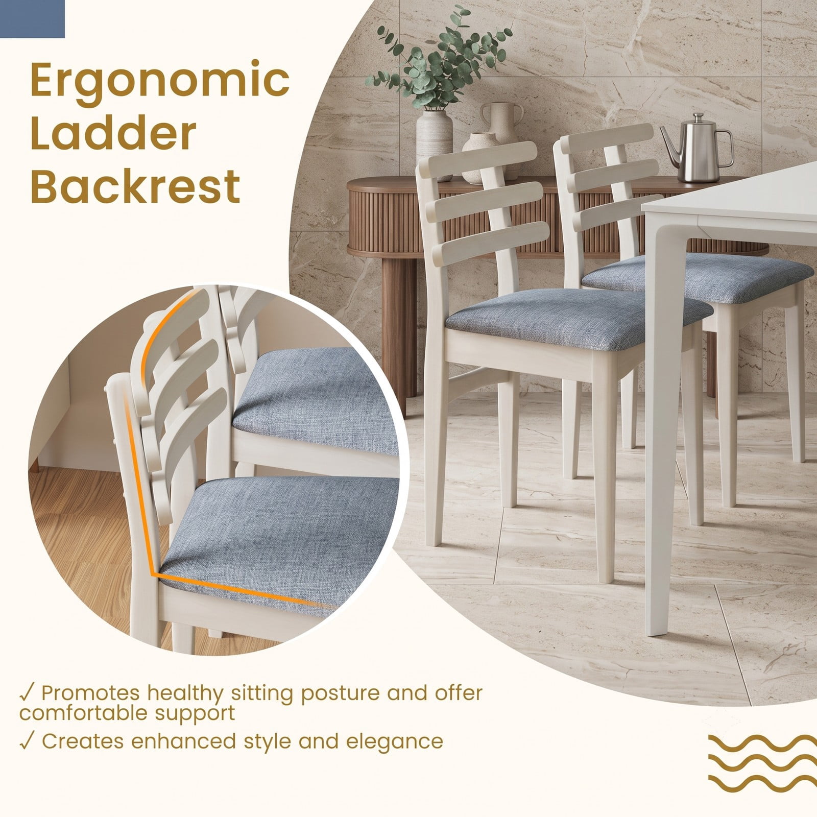 Furnibear Set of 2 Fabric Kitchen Dining Chairs, Upholstered Side Chairs with Rubber Wood Frame, Padded Polyester Seat and Ladder Backrest for Restaurant Home, White