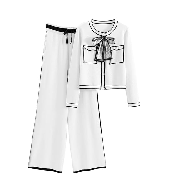 women's knit 2 piece outfit long sleeve button down bow shirt full length wide leg pants business casual sets (Free Size, White)