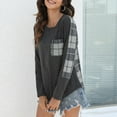 thumbnail image 3 of Top de mujer con cuello redondo, blusa holgada de manga larga con retales a cuadros, blusa para mujer con bolsillo en el pecho, gris XL, 3 of 6