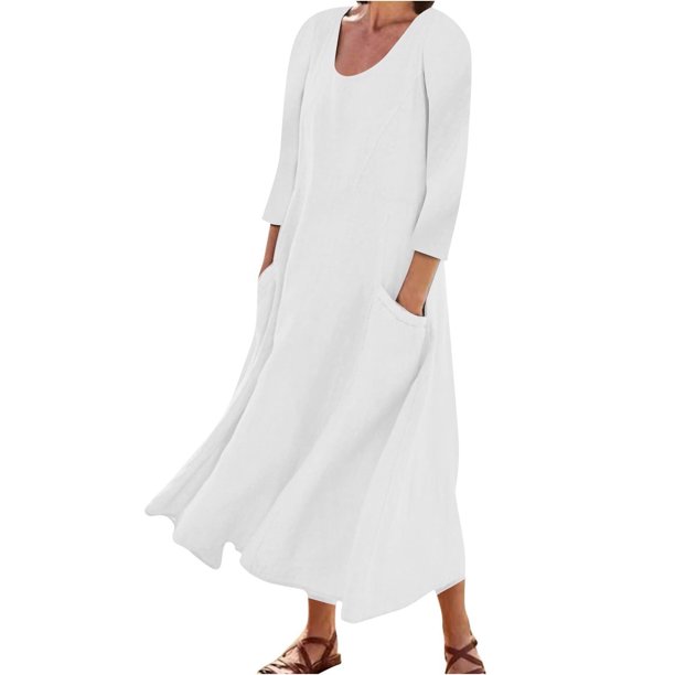 Vestido boho de manga 3/4 y cuello redondo con bolsillos para mujer - Color liso, corte holgado, vestido veraniego informal con estampado floral