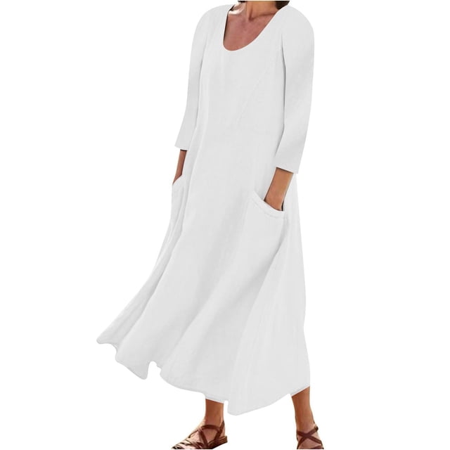 Vestido boho de manga 3/4 y cuello redondo con bolsillos para mujer - Color liso, corte holgado, vestido veraniego informal con estampado floral