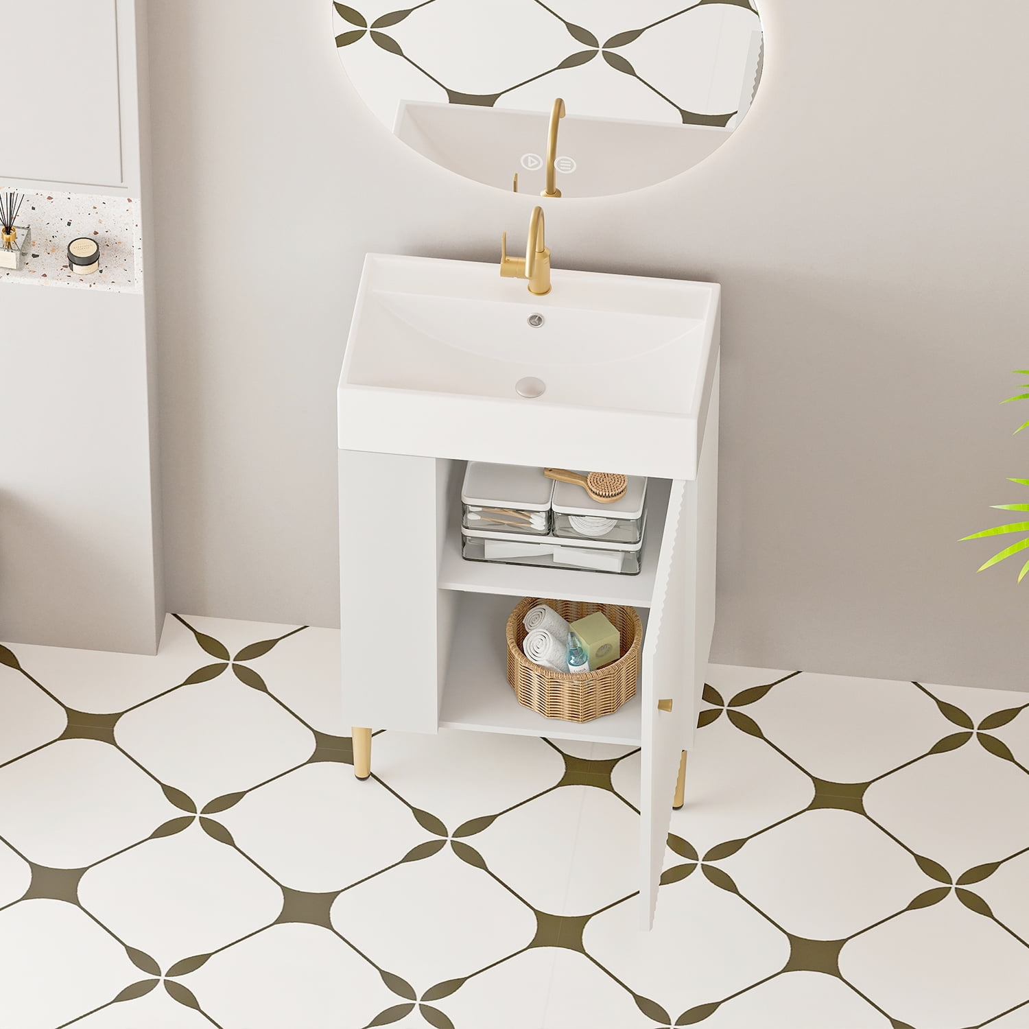 Demi Bonn 21" Bathroom Vanity with Ceramic Sink and Soft-Closing Door, Cloakroom Open Shelf Storage Cabinet on the Left Side, Faucets and Drains Not Included, White