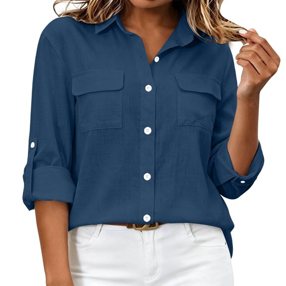 Nowekniz Women Lapel Fashion Button Pocket Solid Color Cardigan Foldable Sleeve Top Shirt Coat