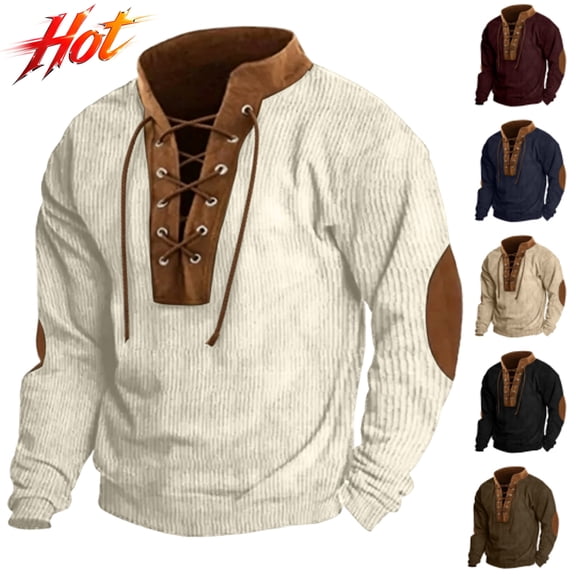 SHIXINCHIL Men's Lace Up Color Block Patchwork Long Sleeve Sweatshirts Big and Tall Casual Fashion Banded Collar Pullover Tops Workout Athletic Outdoor Hiking Sweatshirt Army Green S