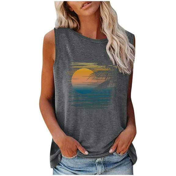Aoochasliy Tank Tops for Women Women's Fashion Printed Vest Round-Neck Loose Sleeveless T-shirt Pullover Tops