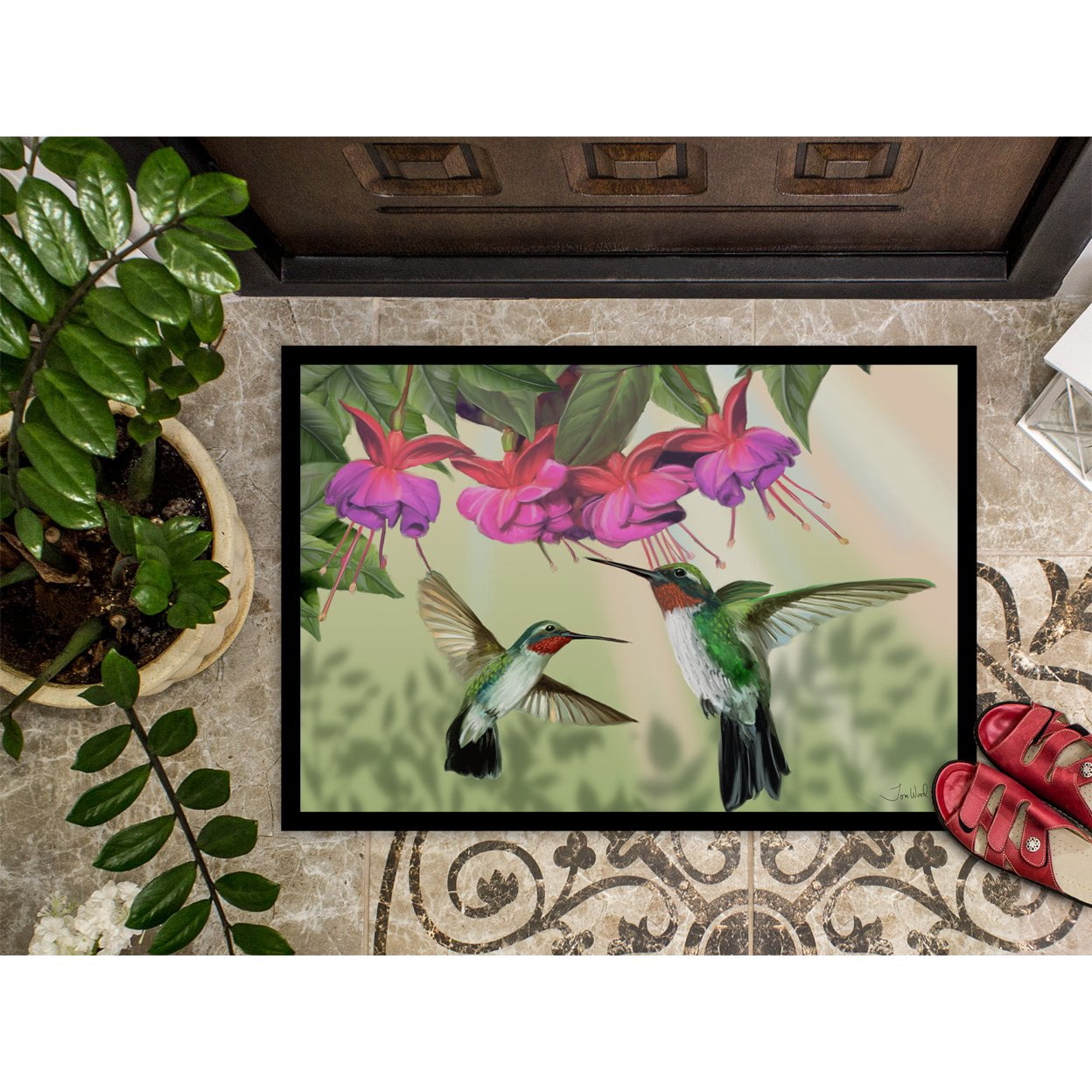 Carolines Treasures PTW2051MAT Fuchsia and Hummingbirds Door Mat Indoor Rug or Outdoor Welcome Mat 18x27 Doormat  27"L x