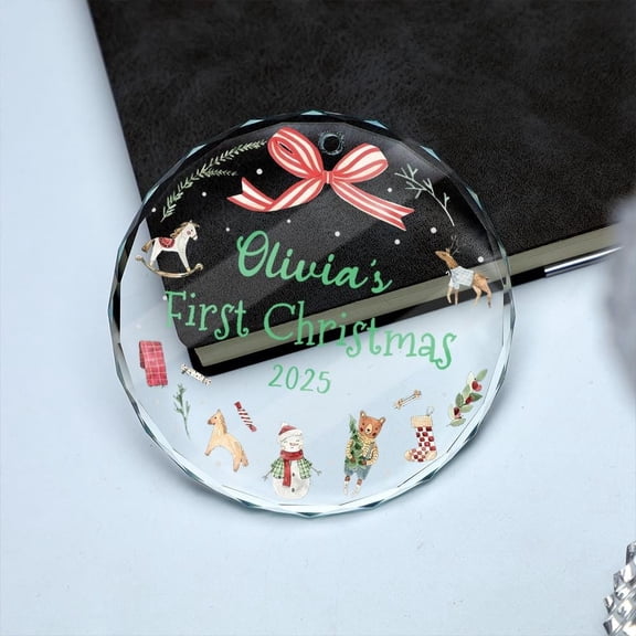 Personalized Baby's First Christmas Ornament 2025 - Sea-Glass-Style Custom Name Gift for Newborn Girl or Boy, Heart or Round Keepsake