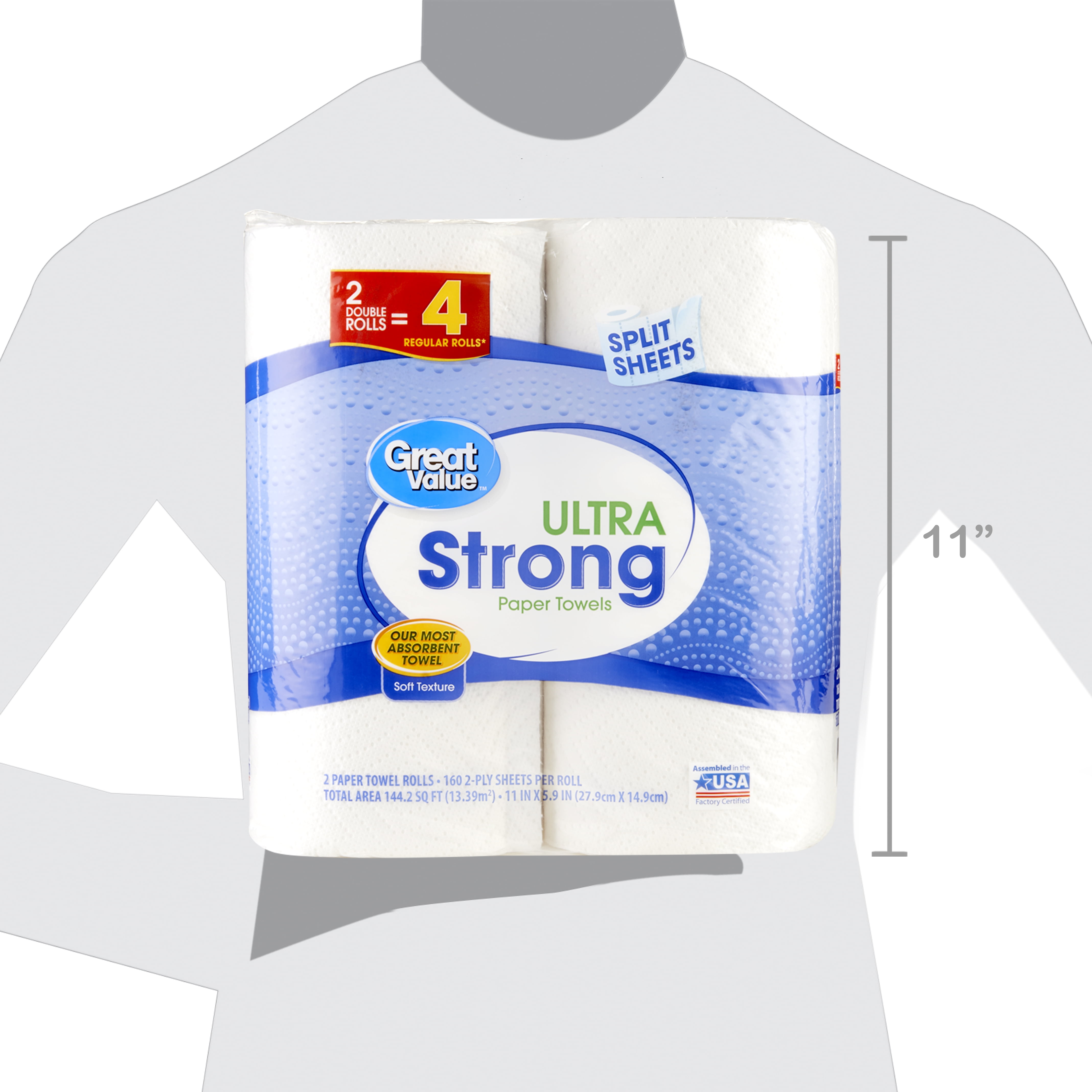 Great Value Ultra Strong Paper Towels, Split Sheet, 2 Double Rolls