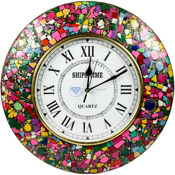 Nagina International Colorful Marble Chunks Embedded Premium Handmade Nautical Time's Wall Decor Clock (American Pink)