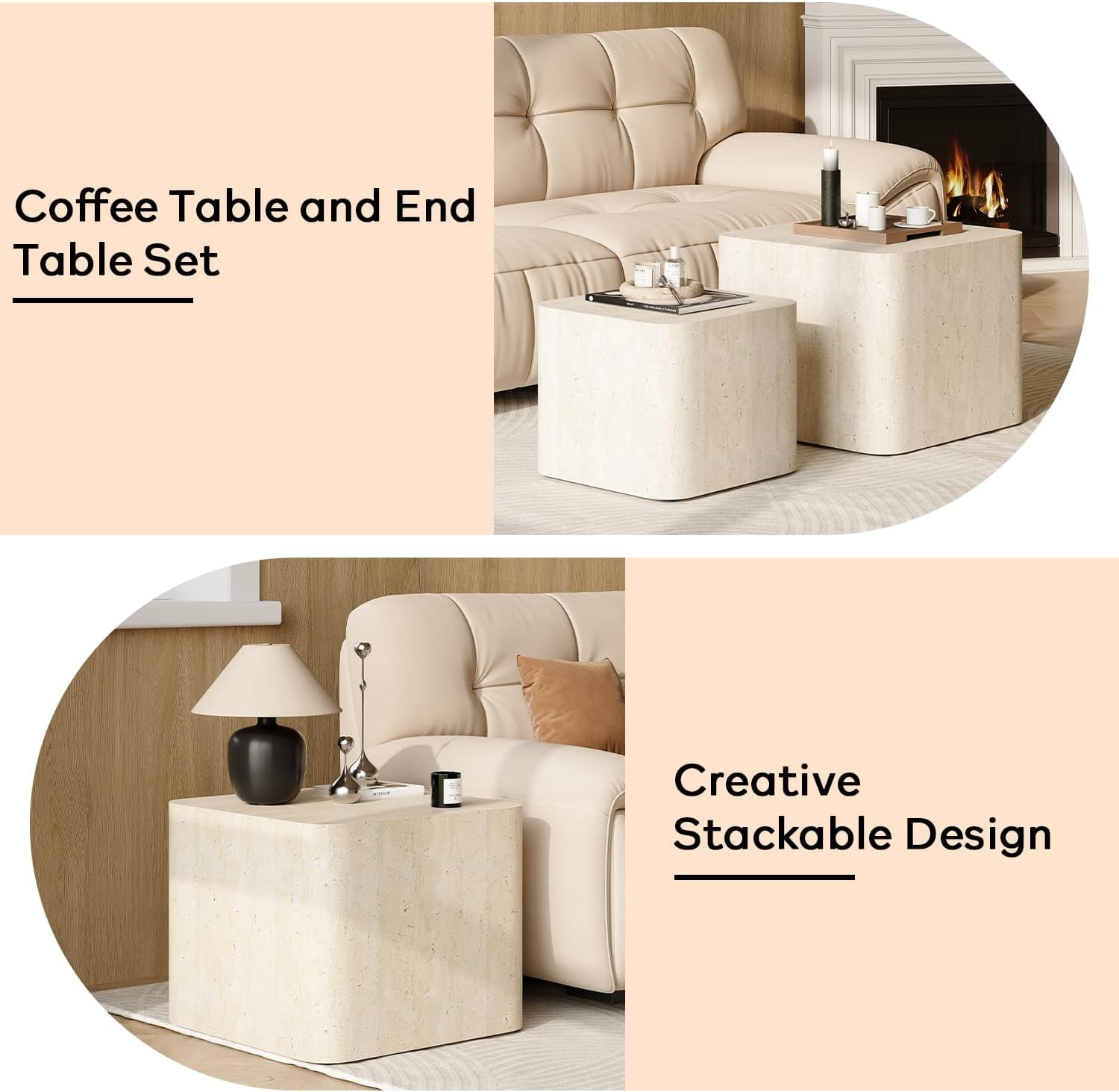 LAZZO Nesting Coffee Table Set of 2, Modern Wooden Coffee Table & End Table, Small Side Tables for Living Room, Bedroom & Apartment, Beige