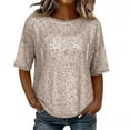 thumbnail image 2 of SSZMDLB Women Sequins T-Shirt Short Sleeve Round Neck Casual Basic Tee Holiday Party Tops Summer Fashion Outfits Workout Clothes, Beige XL, 2 of 7