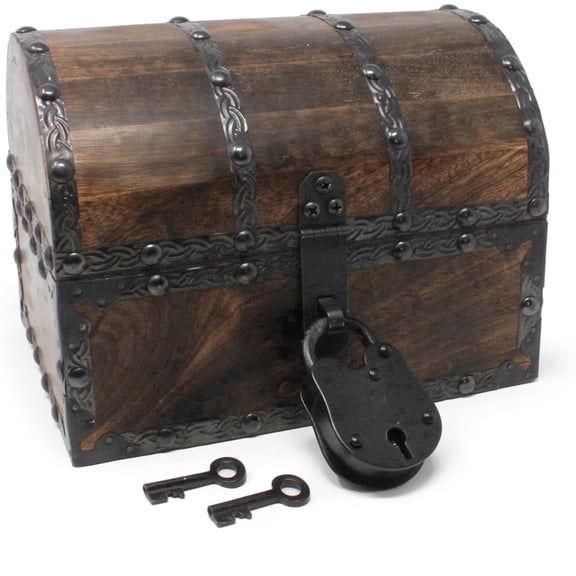 Nautical Cove Wooden Treasure Chest with Decorative Iron Strips with Iron Lock and Skeleton Keys, Keepsake Lock Box, Pirate Decor Chest, Antique Style, Small 8x6x6