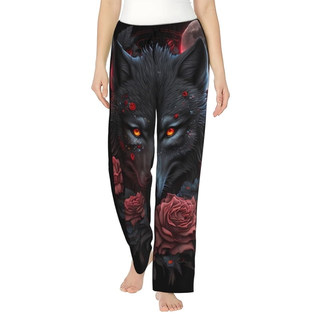 Fotbe Rose Full Moon Black Wolf Pantalones de Pijama para Mujer, Pantalones de Dormir, Pantalones Pj con Cordón y Bolsillos-Small