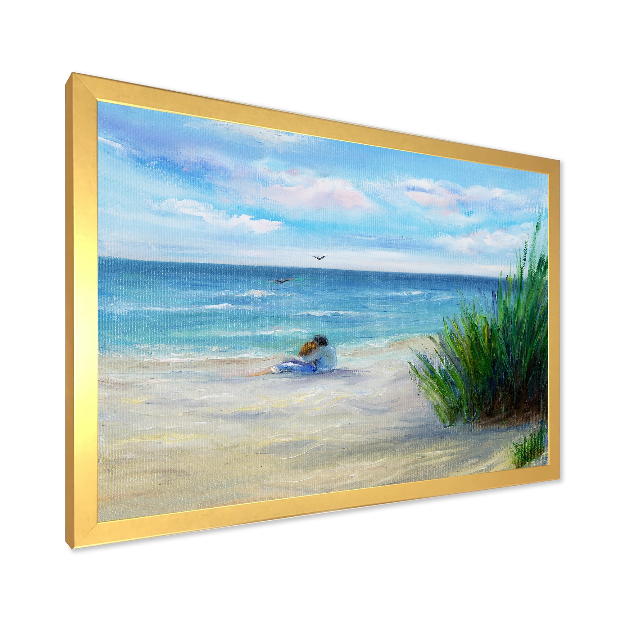 Designart 'Couple Sitting In Love By The Beach' Nautical & Coastal Framed Art Print