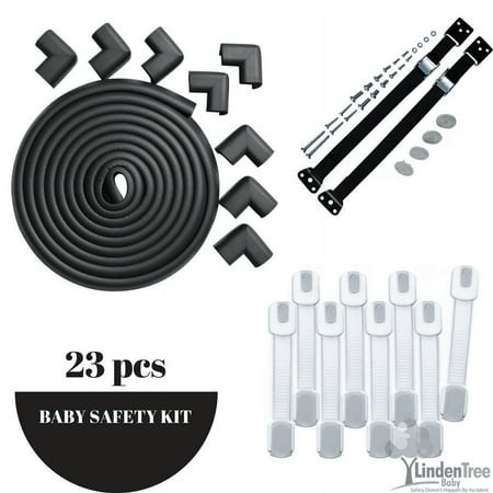 Ultimate Premium Baby Safety Kit. Includes 20.4ft Edge And Corner Guard Protectors 8 pcs Cabinet Locks & 2 Anti-Tip Tv Straps 10 Electric plugs by Linden Tree Baby. EXTRA VALUE BUNDLE. BLACK Color.