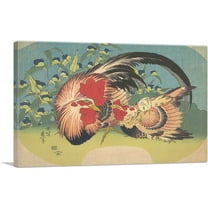 ARTCANVAS Rooster, Hen and Chicken with Spiderwort 1830 Canvas Art Print by Katsushika Hokusai - Size: 26" x 18" (0.75" Deep)