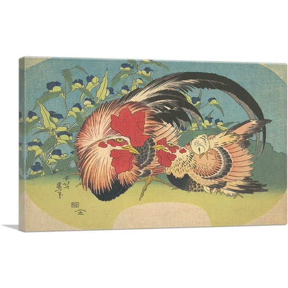 ARTCANVAS Rooster, Hen and Chicken with Spiderwort 1830 Canvas Art Print by Katsushika Hokusai - Size: 26" x 18" (0.75" Deep)