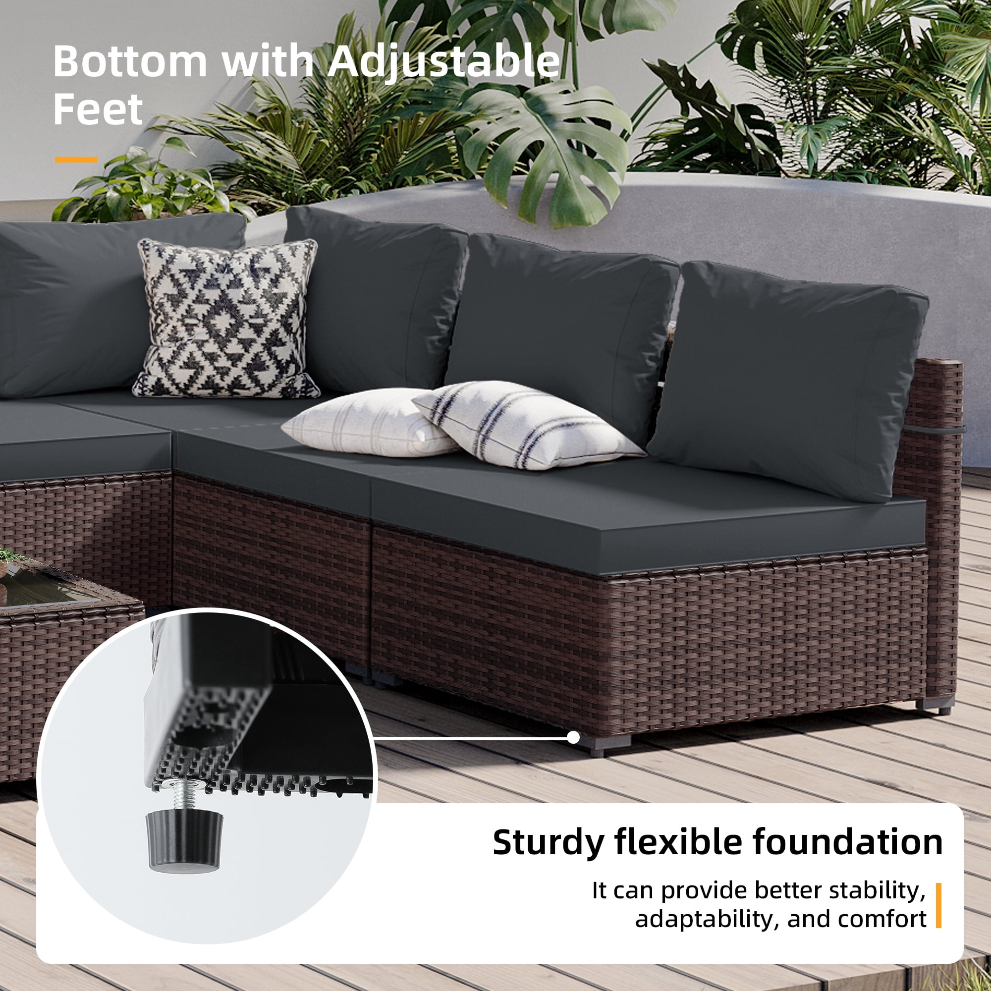 UPHA 5 Pieces Outdoor furniture Sets Patio Sectional Couch Wicker Conversation Sofa for Pools Outside, Gardens, Decks, Brown Rattan, Dark Gray Cushion