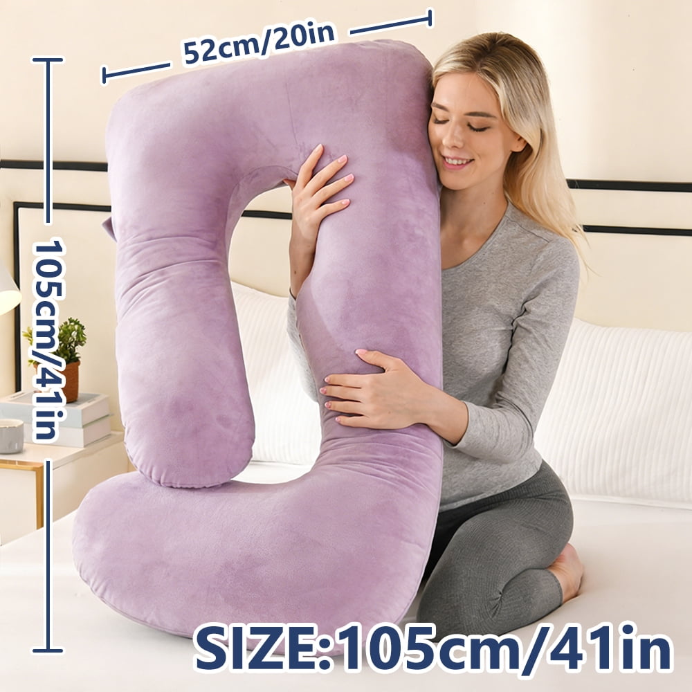 41-inch J-Shaped Pregnancy Pillow, Full Body Maternity Pillow for Side Sleepers, Soft Velvet Removable Washable Cover, Back Hip Leg Support,Purple