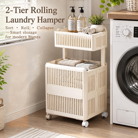 2-Tier Foldable Rolling Laundry Hamper with Wheels, 43.8L Collapsible Plastic Laundry Basket, Ventilated Clothes Sorter Cart for Bathroom Laundry Room Home Organization