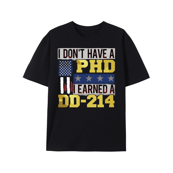 Men's DD-214 Graphic T-Shirt - "I Earned A Ph.D. in 3.14 Days" Design with American Flag & Stars - Comfortable Cotton Short Sleeve Tee for All Seasons - Perfect Gift for Veterans & Hhirt