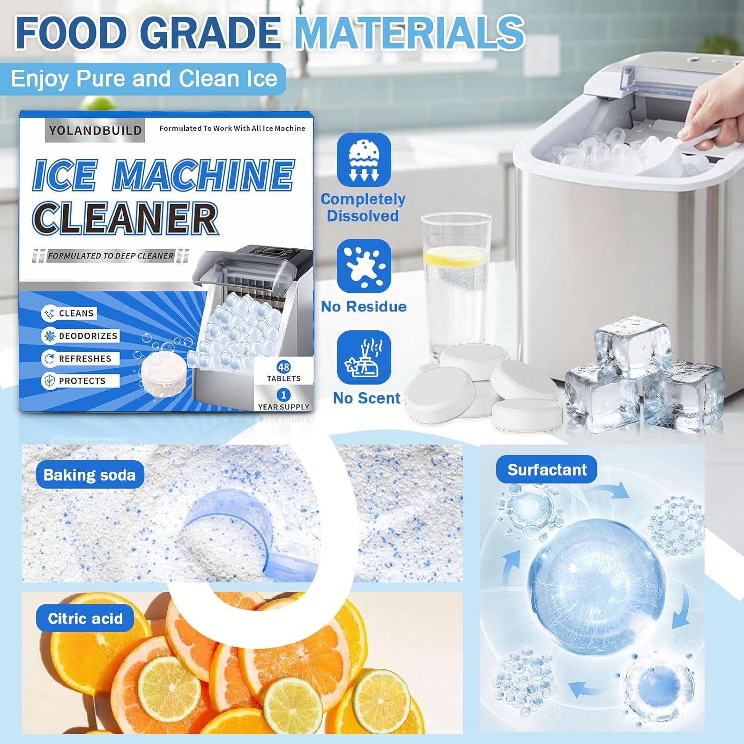 Ice maker cleaner ice maker descaler - 48 cleaning sheets, suitable for, nickel safe descaler, suitable for countertop, small ice cube maker - odorless, crystal clear ice