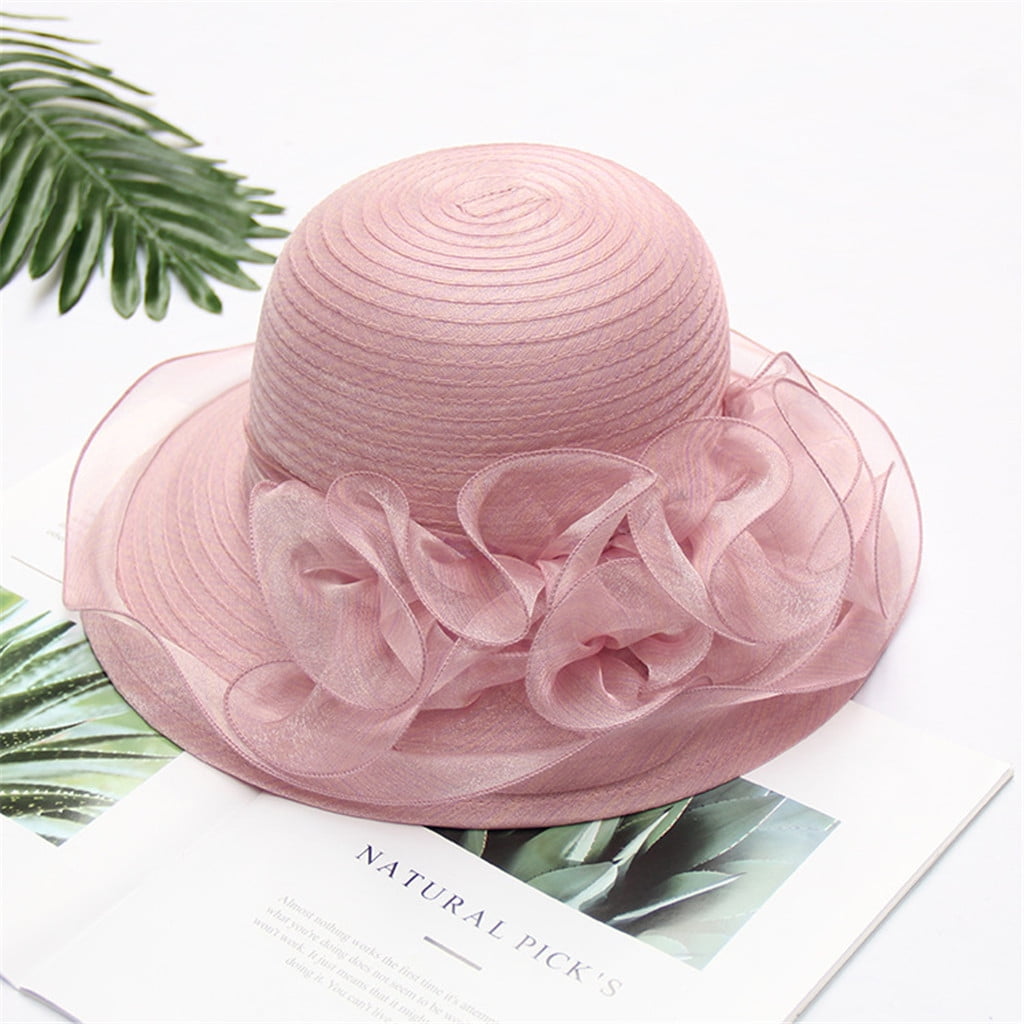 KCPer Women Foldable Organza Church Derby Hat Ruffles Wide Brim Summer Bridal Cap Fascinator Tea Party Wedding Hat 
