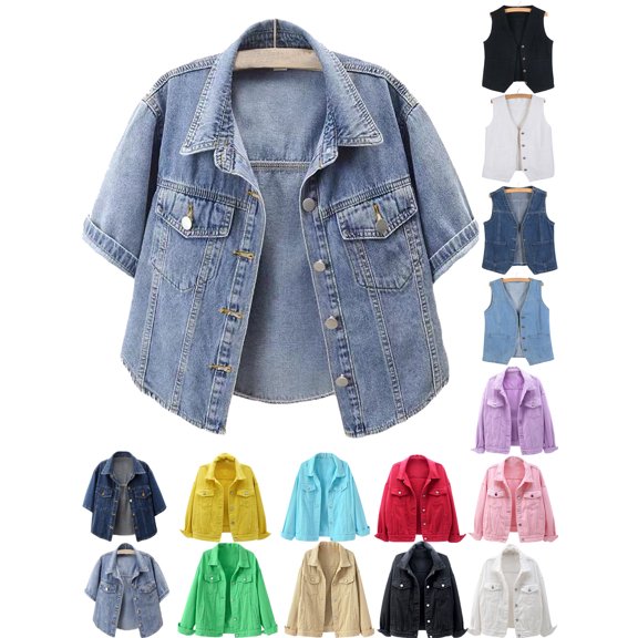 Denim Jackets for Women Plus Size Short Sleeve Versatile Jean Cardigan Jacket Thin Shawl Top Blouse Light Blue Xl