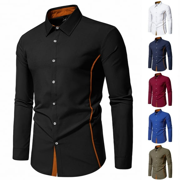 LOVZFMLL Men's Shirts, Colorblock Fashion Button-Down Shirt, Casual Versatile for Everyday Work Business, V-Neck Relaxed Fit Long Sleeve Fall Clothes