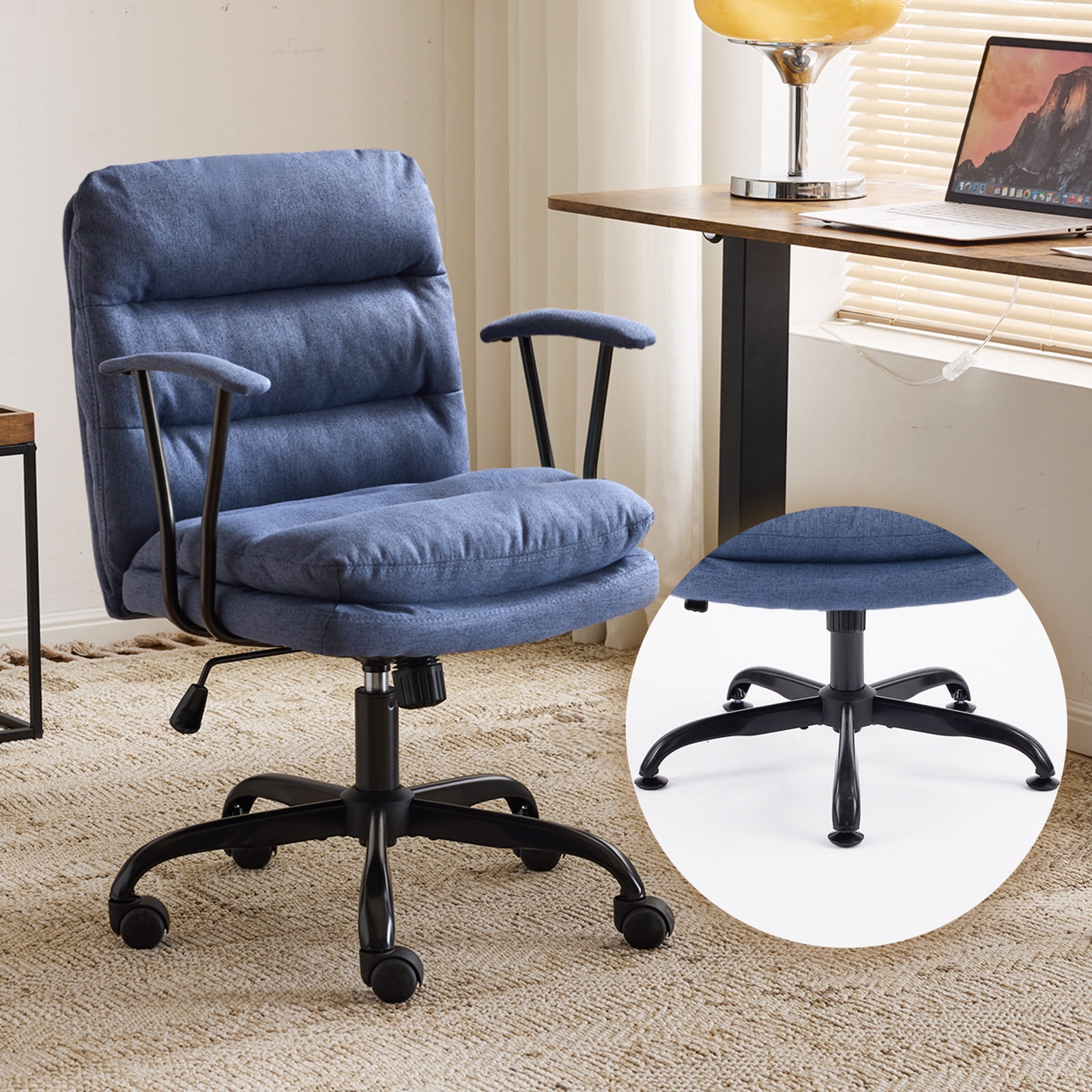 Ktaxon Office Chair with Armrests, Linen Fabric Desk Chair with Wheels, Swivel Task Chair for Study Room or Dressing Vanity Area Blue
