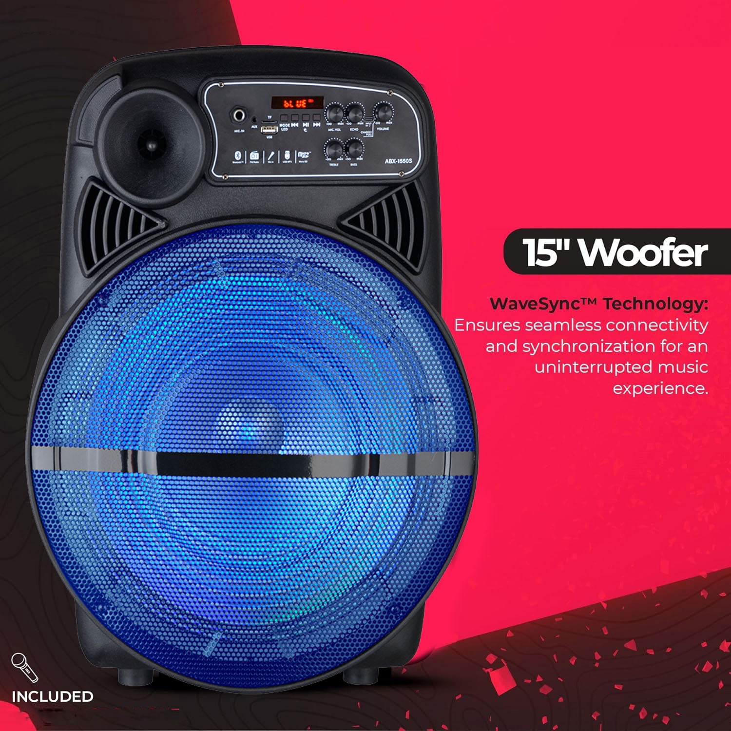 RIDWIND 15" Portable Party Bluetooth Speaker with LED Lights, Stand, Wireless Mic, and Rechargeable Battery – Ideal for Outdoor Events, Karaoke, and House Parties
