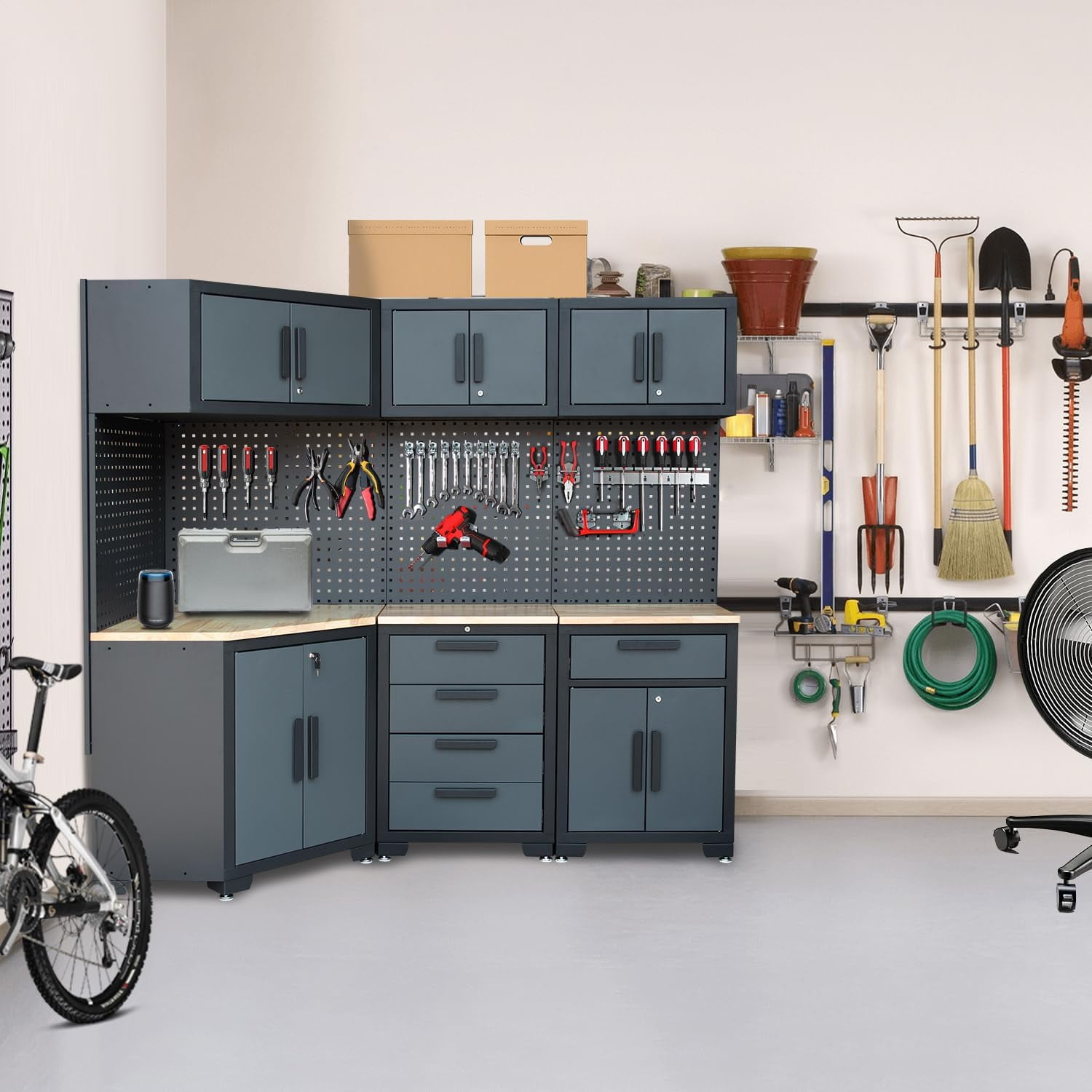 HPDMC Garage Storage Cabinet System 8-Pcs Garage Cabinets and Storage System Corner Workshop Set with Corner Cabinet, Cabinet Drawers, Workbench, Pegboard for Tool Organization, Black and Grey