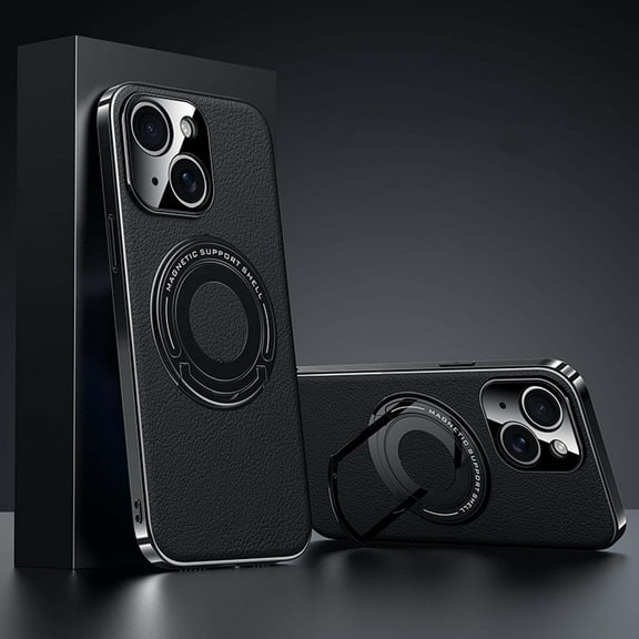 Dteck Magnetic for iPhone 14 Leather Case with Invisible Stand, Compatible with MagSafe, Electroplated Bumper with Leather Back Shockproof Phone Cover iPhone 14,Black