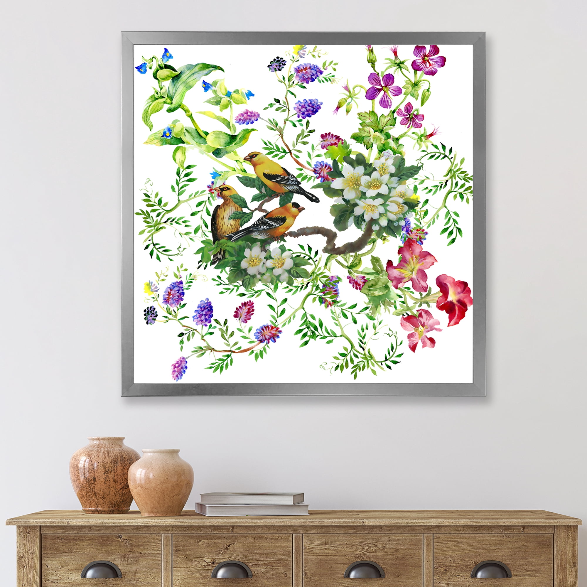 Designart 'Tropical Birds Sitting On Blooming Tree' Traditional Framed Art Print