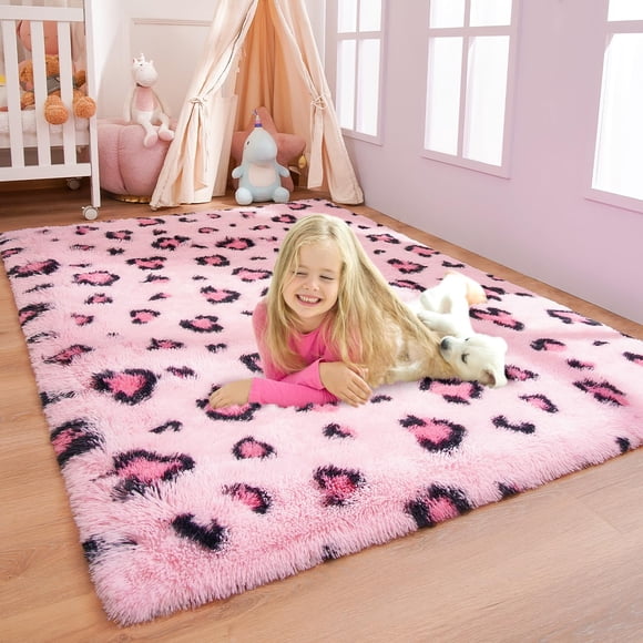 Alfombra BENRON con estampado de leopardo rosa suave para dormitorio y sala de estar