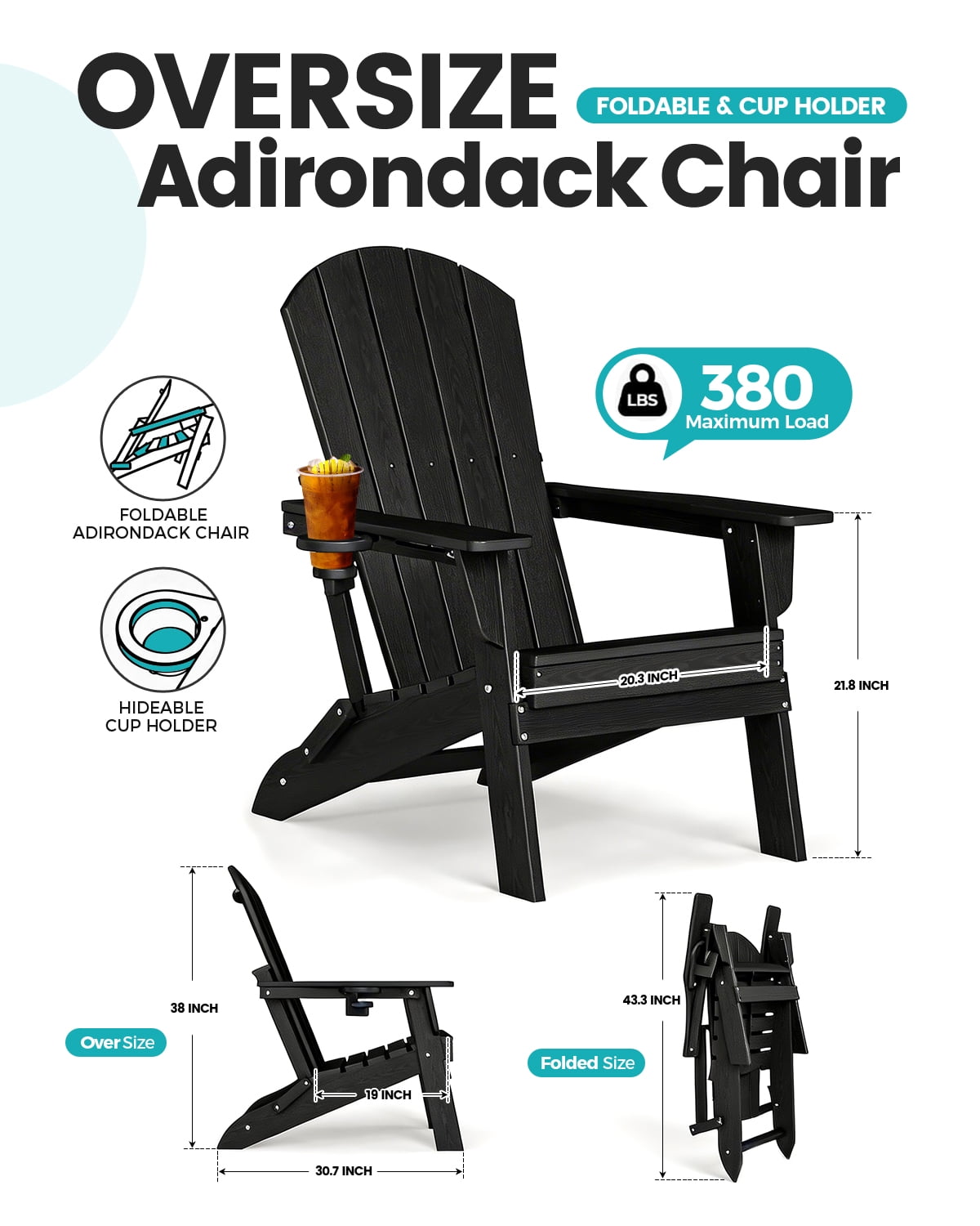 Cobiod Folding Adirondack Chair with Cup Holder, HDPE All-Weather Outdoor Patio Chair, Ergonomic Wood Grain Design for Backyard, Black