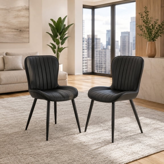 Black Dining Chairs Set of 2, 34.7 Inch Faux Leather Armless Accent Seating for Kitchen Dining Room