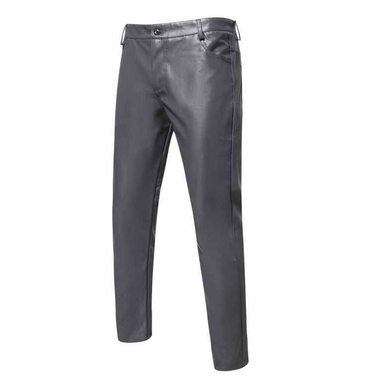 Elainilye Fashion Mens Leather Pants Faux Leather Punk Retro Gothic Casual  Pants Solid Color Casual Leather Pants Long Pants Trousers,Gray 