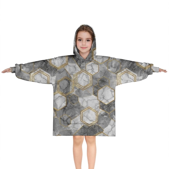 Gray Gold Hexagon Marble Pattern Blanket Hoodies for Kids 6-13YR Oversize Wearable Blanket Hoodies for Boys Girls Teens