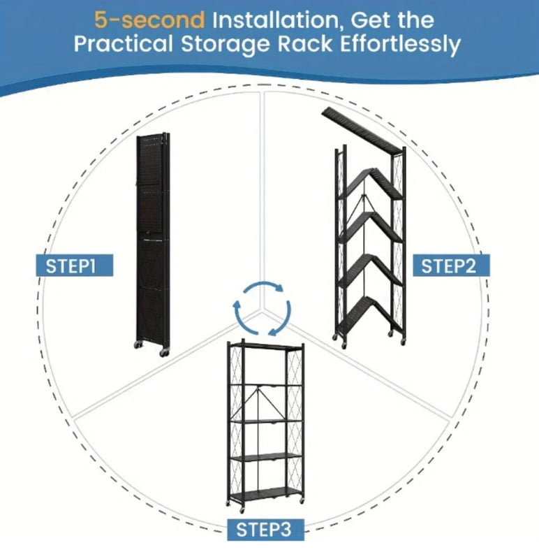 5-Tier Foldable Metal Storage Rack with Wheels, Heavy Duty Rolling Shelving Unit, Folding Metal Rack Shelving Unit for Garage, Kitchen, Basement