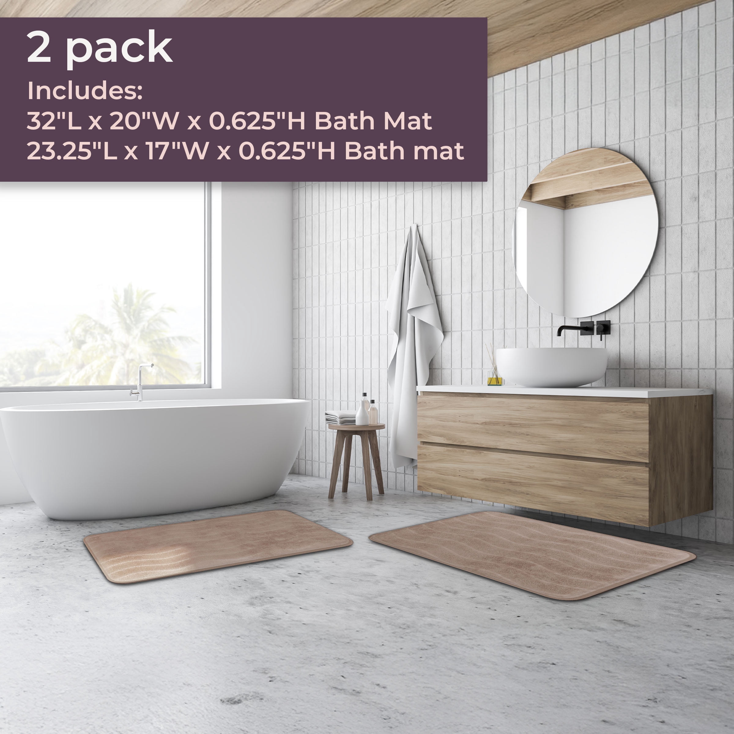 Bathroom Rug Set- 2-Piece Memory Foam Bath Mats-Wavy Microfiber Top-Non-Slip Absorbent Runner for Shower, Tub, Sink, or Kitchen by Somerset Home (Taupe)