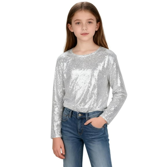 ZOYOEN Girl Sequins Shirts- Crewneck Long Sleeve Cute Soft Lined Party Tops Silver Size 5-14