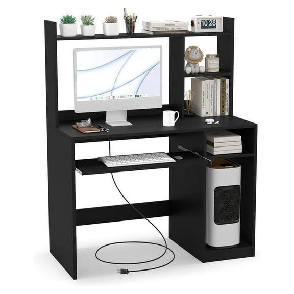 Computer Desk with Hutch, Wood PC Table w/Power Outlet, Keyboard Tray and CPU Stand, Modern Writing Desk with Bookshelf for Bedroom, Simple Work Table for Home Office Black