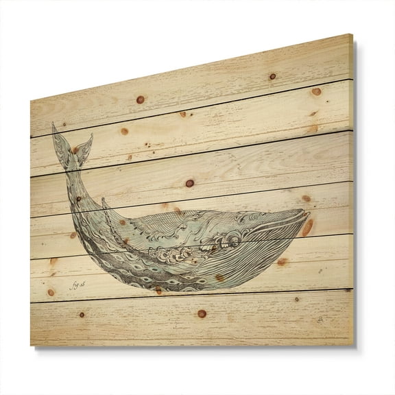 Designart 'Blue Whale Handpainted Watercolor' Nautical & Coastal Print on Natural Pine Wood