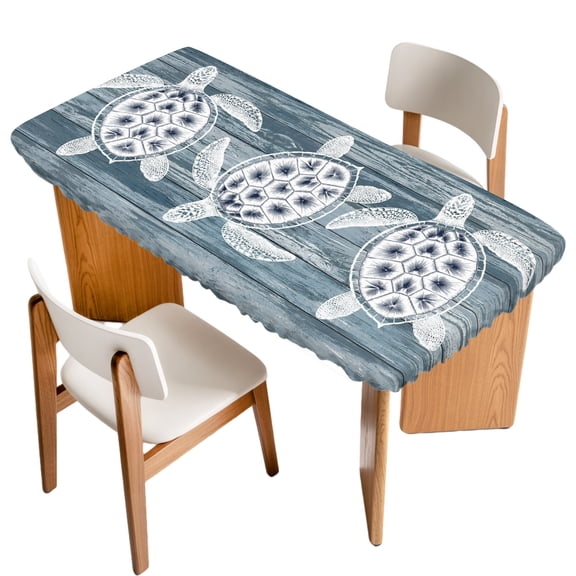 Summer Sea Turtles Fitted Rectangle Tablecloth 24" x 50" Coastal Nautical Minimalist Blue Wood Grain Elastic Table Cloth Fits for 4 Foot Folding Tables Waterproof Table Cover for Picnic Camping