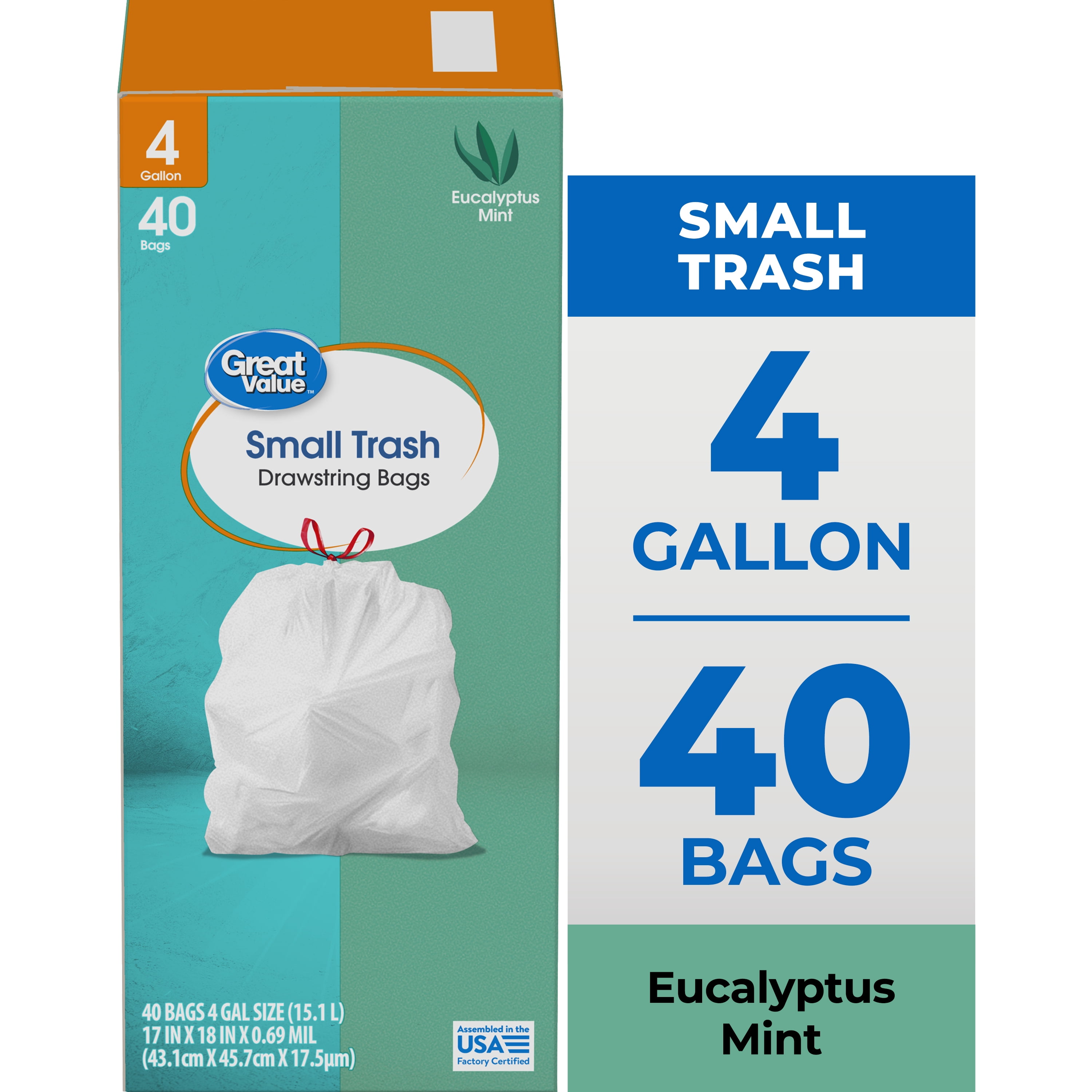 (3 pack) Great Value 4-Gallon Small Drawstring Trash Bags, Eucalyptus Mint Scent, 40 Bags