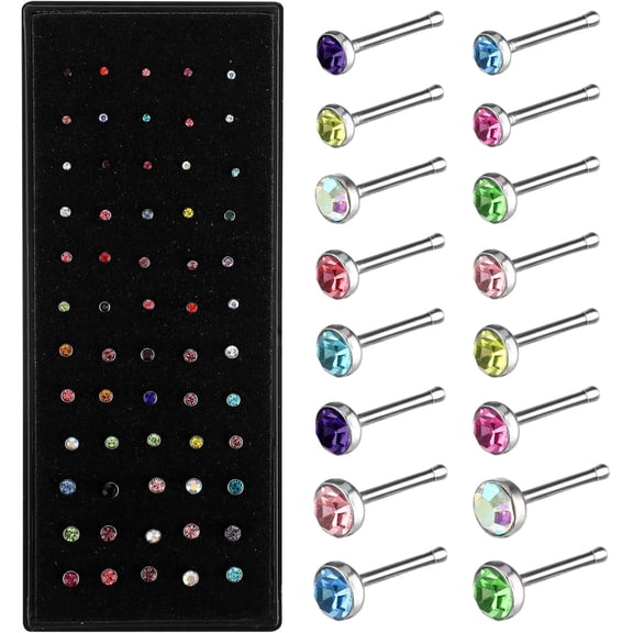 60pcs Nose Studs for Women Silver Surgical Stainless Steel Nose Piercing Jewellery Small Straight Nose Stud Diamond Tiny Nose Stud Ring 1.5/2.0/2.5mm